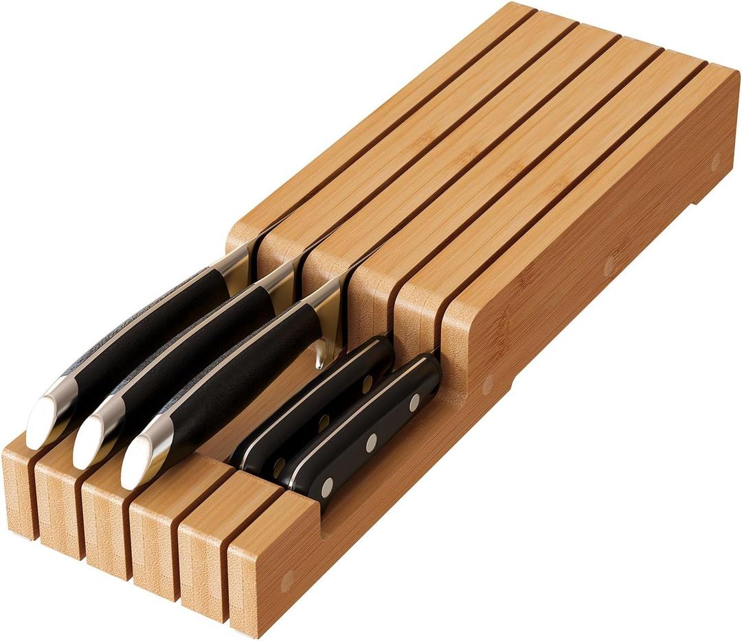 In-Drawer Knife Organizer Bamboo knife block, Drawer Knife Storage Steak Knife Holder Without Knives,Holds up to 5 Knives(Not Include)