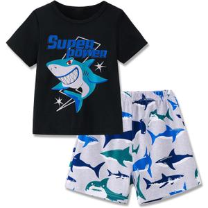 Mikrdoo Boys Summer Pajamas Size 6 Little Kids Short Sleeve Pj Set, Black Shark, 6 Years
