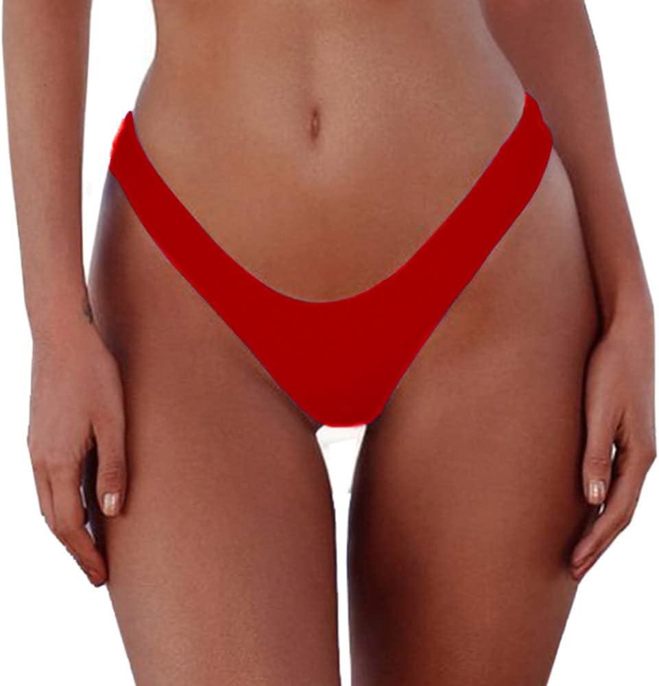 SherryDC Women's Sexy Cheeky Thong Brazilian Cut Low Rise High Leg Bikini Bottom (Red) Small