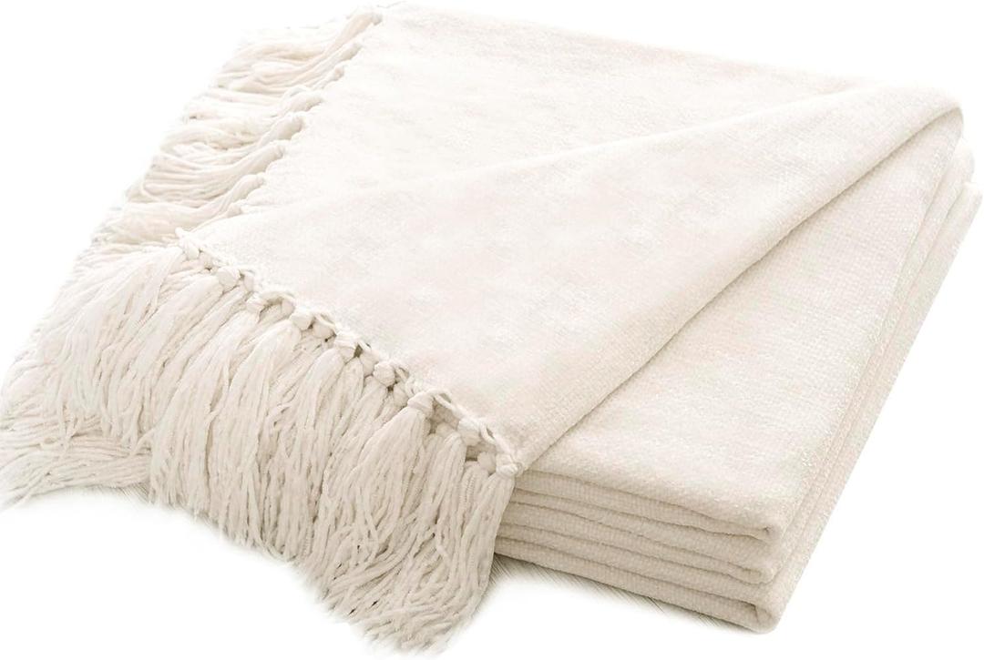 Throw Blanket Soft Cozy Chenille Throw Blanket with Fringe Tassel for Couch Sofa Chair Bed Living Room Gift (Ivory White, 50" x 60")