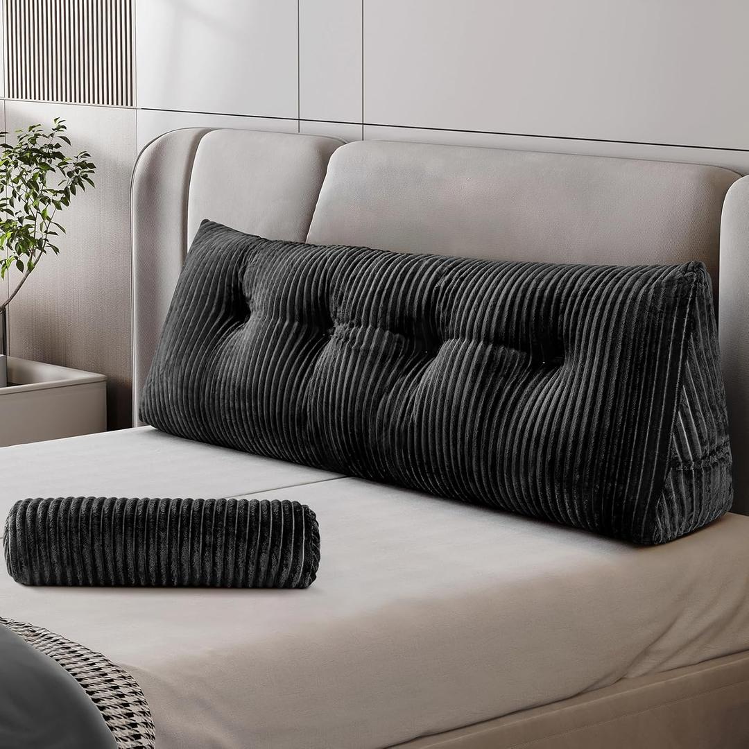 Z-hom Large Wedge Pillow Headboard, Full Triangular Headboard Pillow, Reading Pillow Standard Bed with a Roll Pillow for Bed Sitting Up Sleeping, Backrest Cushion Headboard Gap Pillow for Back, Black