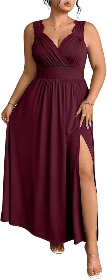 OYOANGLE Women's Plus Size Lace Trim Sleeveless Maxi Dress Wrap V Neck High Slit Formal Evening Dresses (Burgundy, XX-Large Plus)