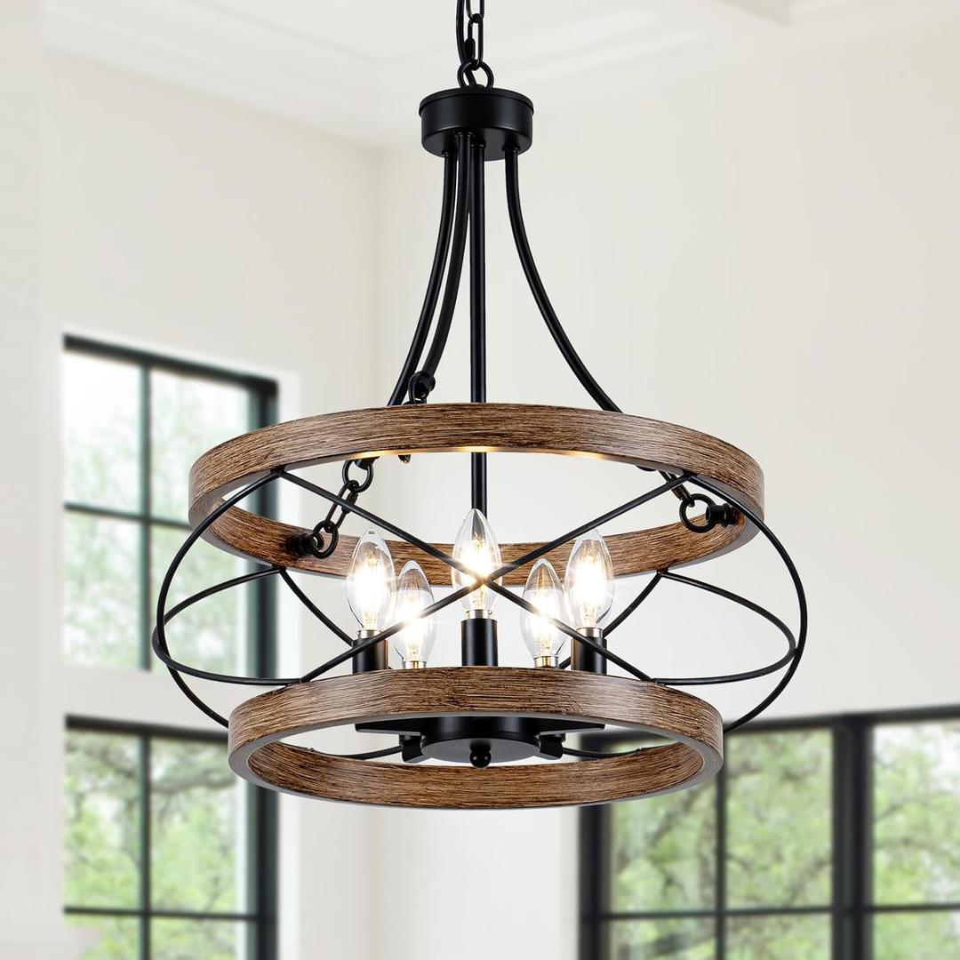 5-Light Farmhouse Chandelier, 17.72" Rustic Drum Dining Room Light Fixture, Vintage Wood Finish Metal Hanging Pendant Lighting, Industrial Candle Chandeliers for Living Room Kitchen Entryway Bedroom, 17.72"E12