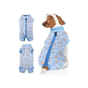 BENCMATE Dog Recovery Suit - Professional Pet Zip Up Onesie with Abdominal Wound Bandages, Substitute E-Collar & Cone (Medium, Breton Stripes) (Medium [Back Length: 14"])