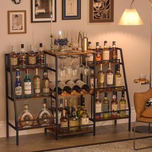 Versatile Bar Stand with Glass Holder, Wine Rack Freestanding Floor, Liquor Cabinet for Liquor Whiskey Wine, 6-Tier Stepped Bar Cabinet with Fences, Vintage BrownPatent Pending (Large)