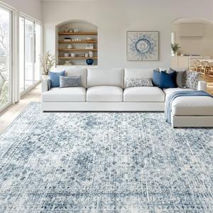 MIULEE 8x10 Vintage Washable Area Rugs Living Room Rug Low Pile Boho Farmhouse Floor Mat for Bedroom Dining Room Under Kitchen Table, Non-Slip Stain Resistant Soft Large Carpet for Home Decor, Blue