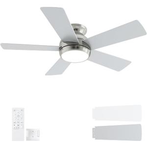 POCHFAN 42 Inch Brushed Nickel Ceiling Fans with Lights and Remote, LED Low Profile Flush Mount Ceiling Fan for Bedroom, Living Room, Patio, Quiet DC Motor, 5 Blades