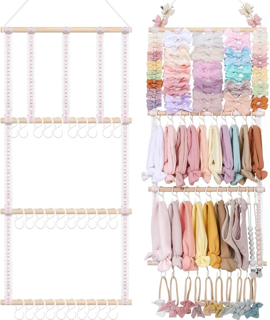 POVETIRE Headband Holder Hair Bows Organizer for Girls, Baby Headbands Hair Accessories Organizer Storage Wall Hanging Decor for Toddler Girls Room (Pink Ribbon)