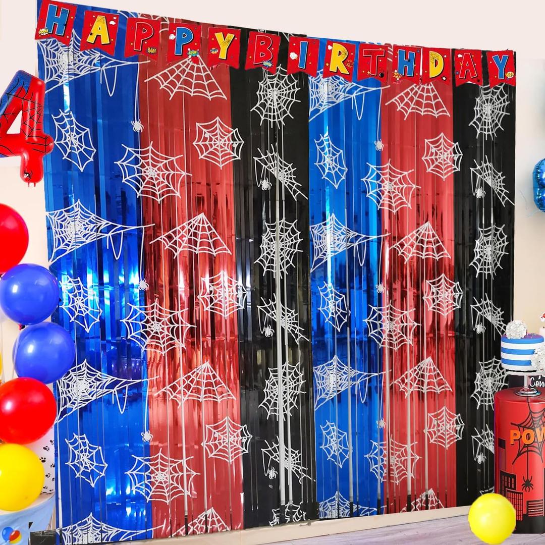 MECOLO Spider Web Birthday Decorations 2 Pack Spider Party Supplies 3.3x6.6ft Red Blue and Black Spidey Tinsel Foil Fringe Curtains Backdrop Red and Blue Streamers Spider Theme Party Decorations