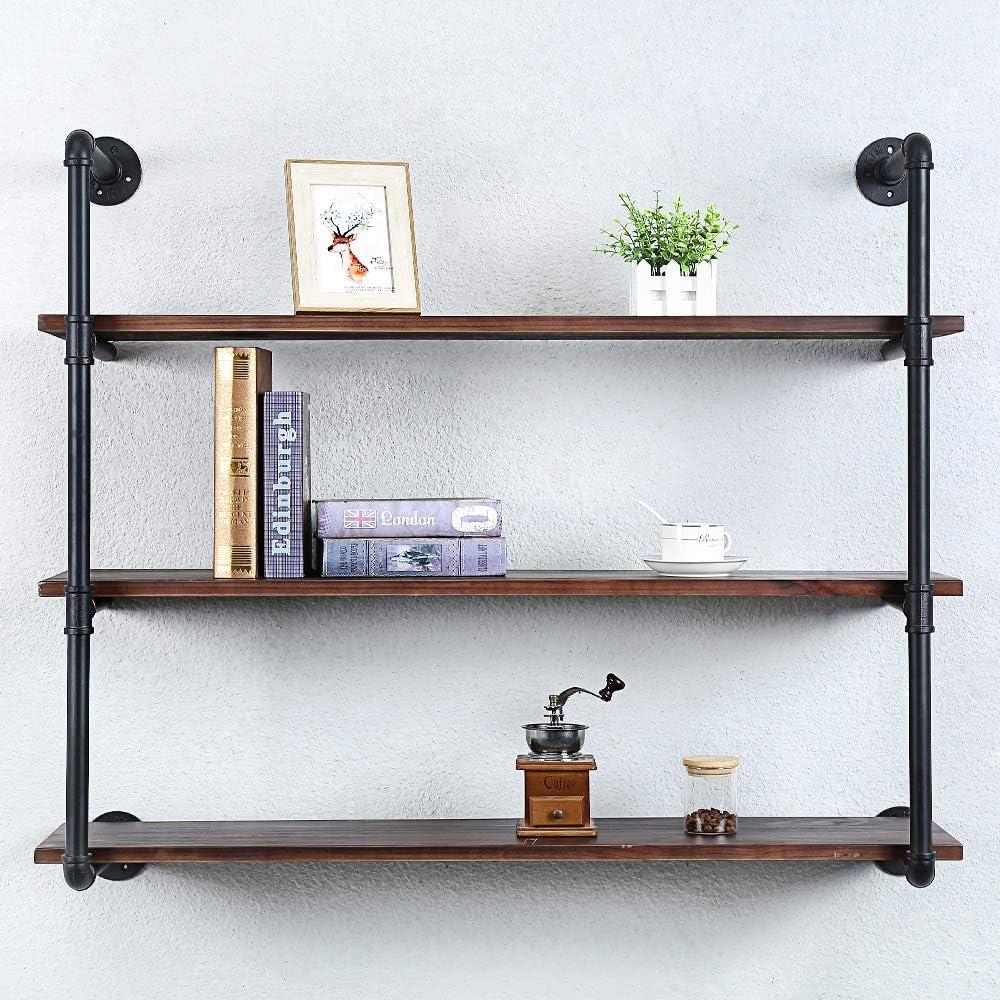 Industrial Pipe Shelving Wall Mounted,42in Rustic Metal Floating Shelves,Steampunk Real Wood Book Shelves,Wall Shelf Unit Bookshelf Hanging Wall Shelves,Farmhouse Kitchen Bar Shelving (3 Tier)