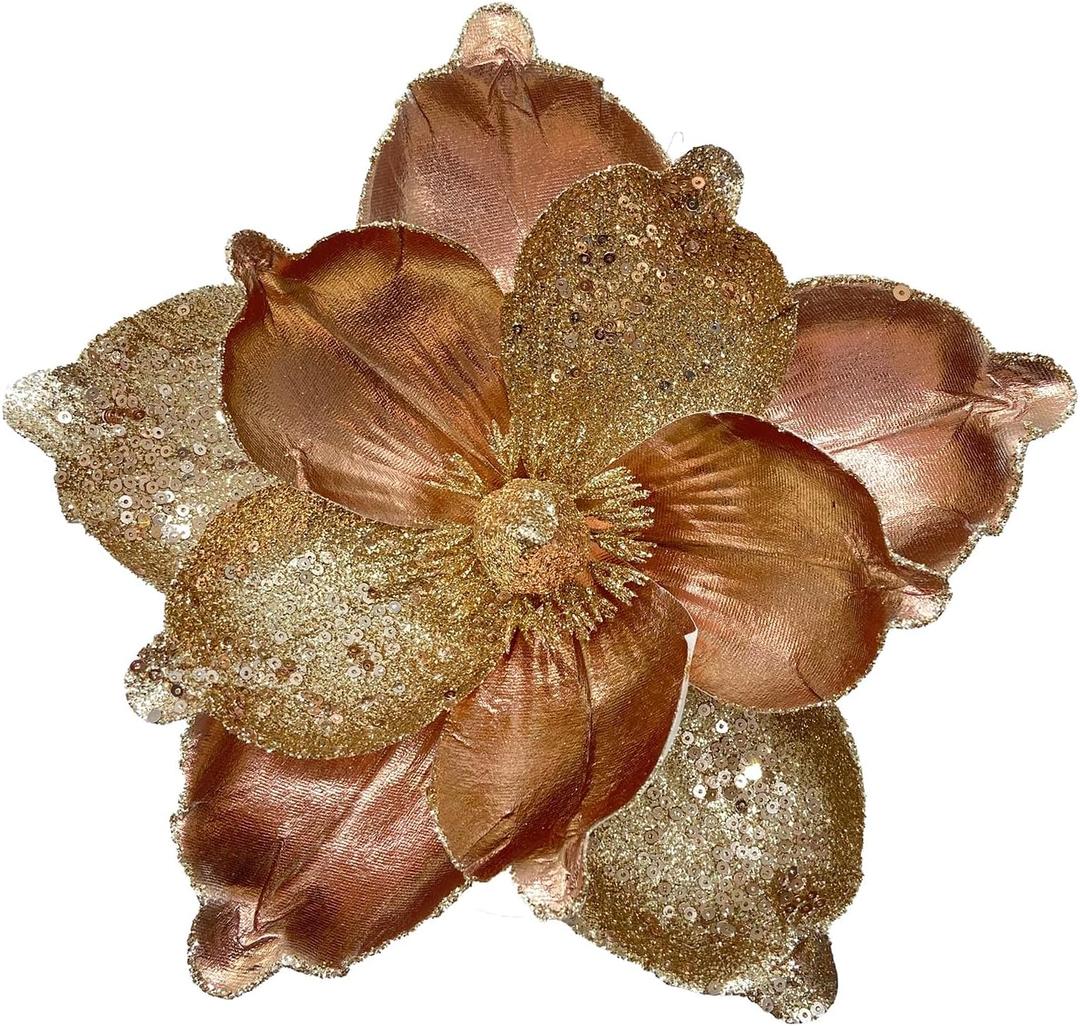 10 Pcs Large Christmas Flowers, Glitter Christmas Flowers 10in Brown Artificial Magnolia Flower Ornaments Fold Floral for Christmas Tree Decorations Xmas Tree New Year Party Wedding Centerpiece