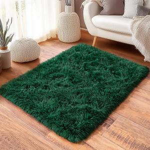 Green Fluffy Rug for Bedroom 3x5 ft Small Rug - Ultra Soft & Non Slip Shaggy Area Rug, Comfy Durable Carpet for Living Room Kids Room Teens Dorm Home Decor, 1.7'' Thick Indoor Plush Carpets