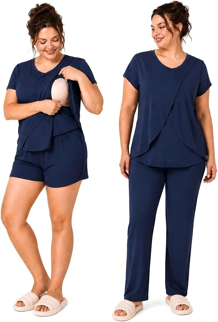 Rnxrbb 3 PCS Nursing Pajamas Set Postpartum Pjs Breastfeeding Sleepwear for Women Double Layer with Pockets L