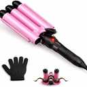 Three Barrel Curling Iron 1 Inch, 2 Heat Settings 320F/410F, Ceramic Triple Hair Waver for Beach Waves, Dual Voltage 110-240V, Auto Shut-Off, Glove Included, Pink