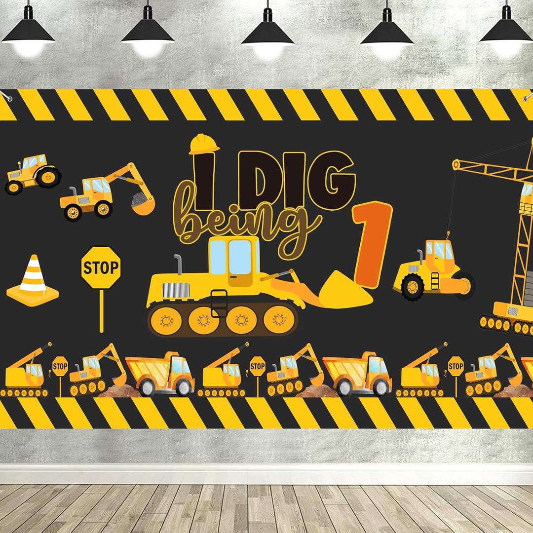 Construction 1st Birthday Party Supplies Backdrop Banner Dump Truck Excavator Crane Digger Zone Background Photo Booth Props for Boys Construction One Year Old Birthday Baby Shower Party Decorations