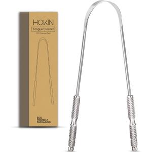 Tongue Scraper for Adults by HOKIN (1Pc Oral Care Pack) Stainless Steel Tongue Cleaners Reduce Bad Breath 100% Metal Tough Scrapers Men and Women Hygiene (Silver)
