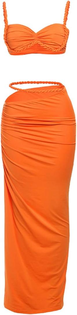 Women's Two Piece Skirt Sets Summer Beach Sexy Ruched Backless Cami Top And Cut Out Skirt Night Out Dress (Orange) Small