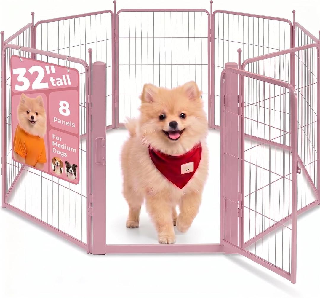 24" Pink Dog Playpen, 8-Panel Heavy Duty Metal Square Tube Puppy Pen