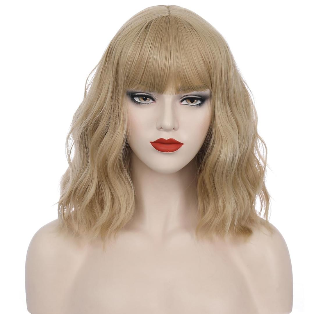 Blonde Wig Short Wavy Ash Blonde Wig with Bangs Flaxen Blonde Wigs for Women Girls Heat Resistant Synthetic Wigs(Ash Blonde)