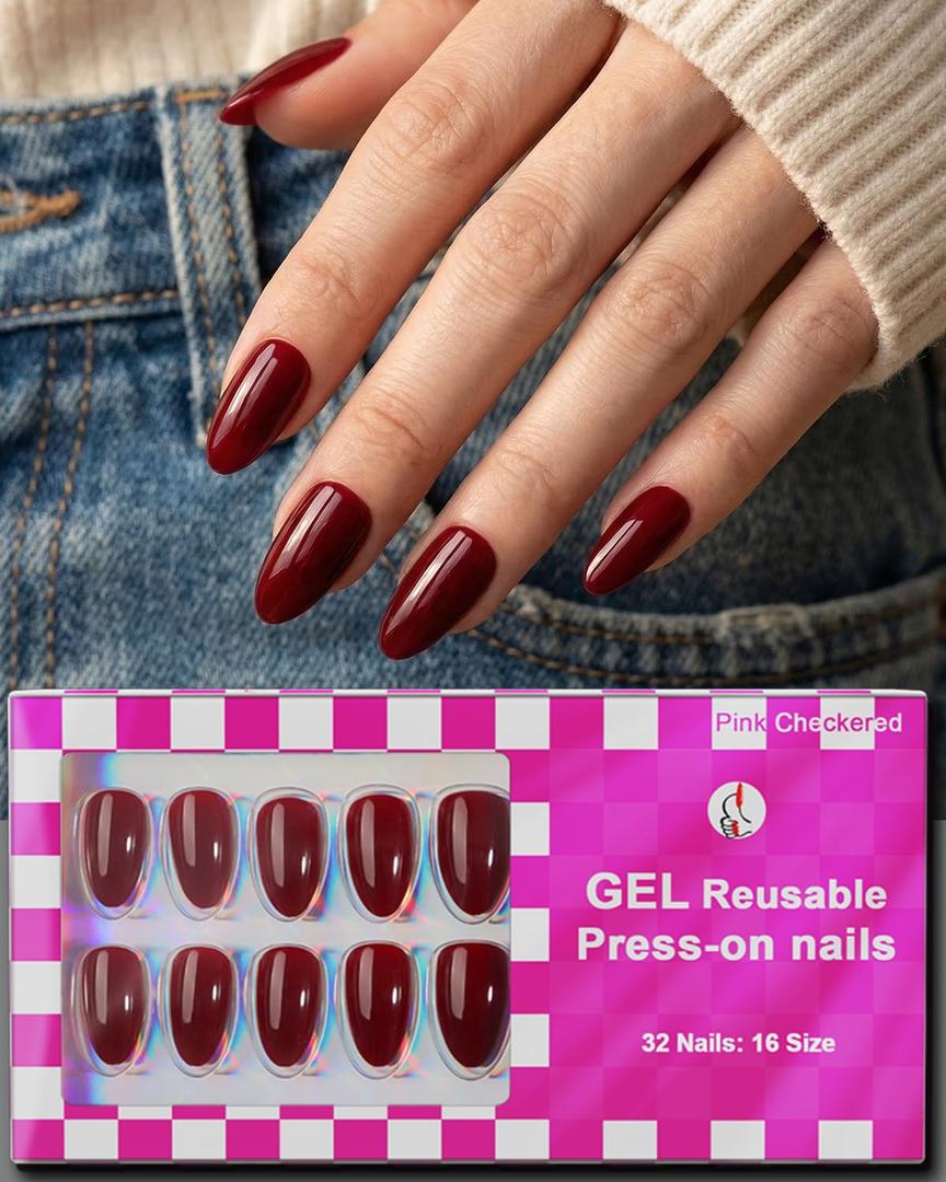 Burgundy Red Press On Nails Short, 16 Sizes Almond Fake Nails Glossy 32pcs, Nail Glue Included
