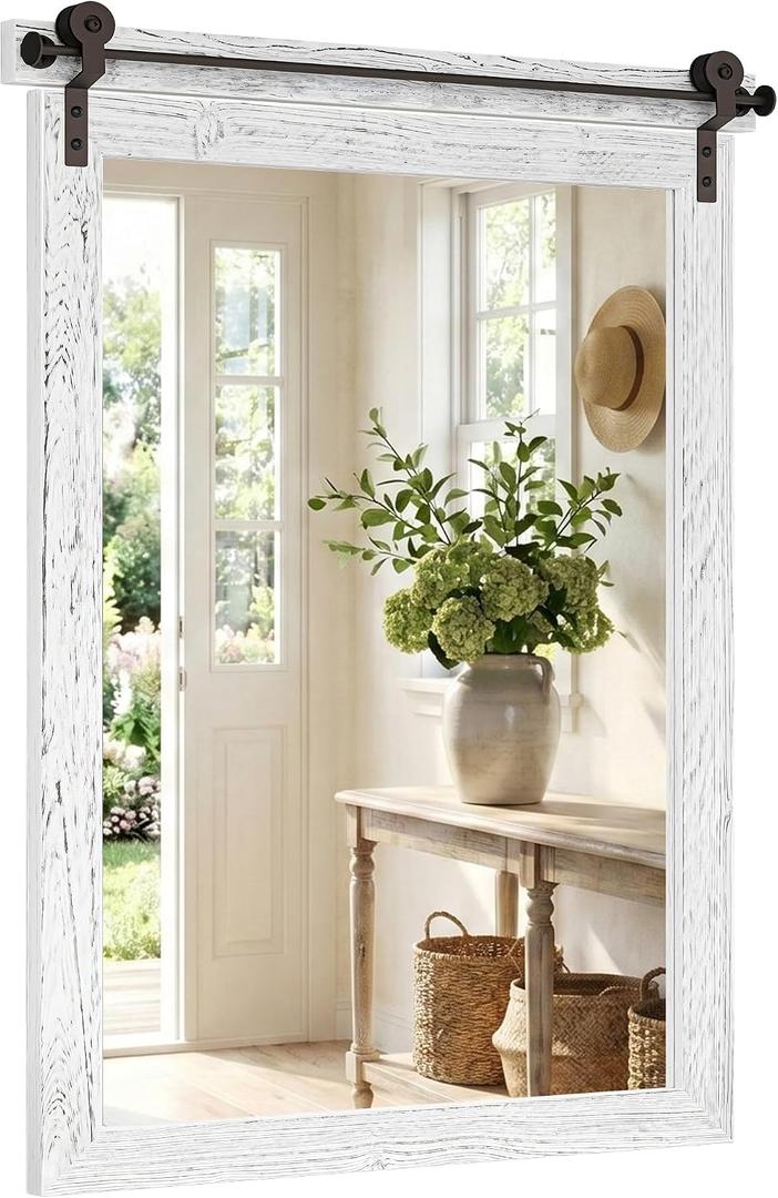 24"x36" Whitewashed Barn Door Vanity Mirror with Wood Header