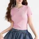 Women Y2K Crop Tops Short Sleeve Ribbed Knit Shirts Cute Bow Embroidery Tee Shirts Teen Girls Slim Fitted Baby Tees (Large, Pink)