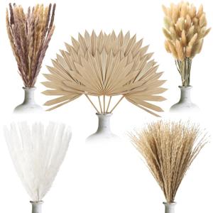 105 Pcs Boho Dried Pampas Grass & Palm Leaves, Natural Pampas Grass Decor Spears Leaves Bouquet for Wedding Baby Shower Table Restaurant Centerpieces Floral Room Vase