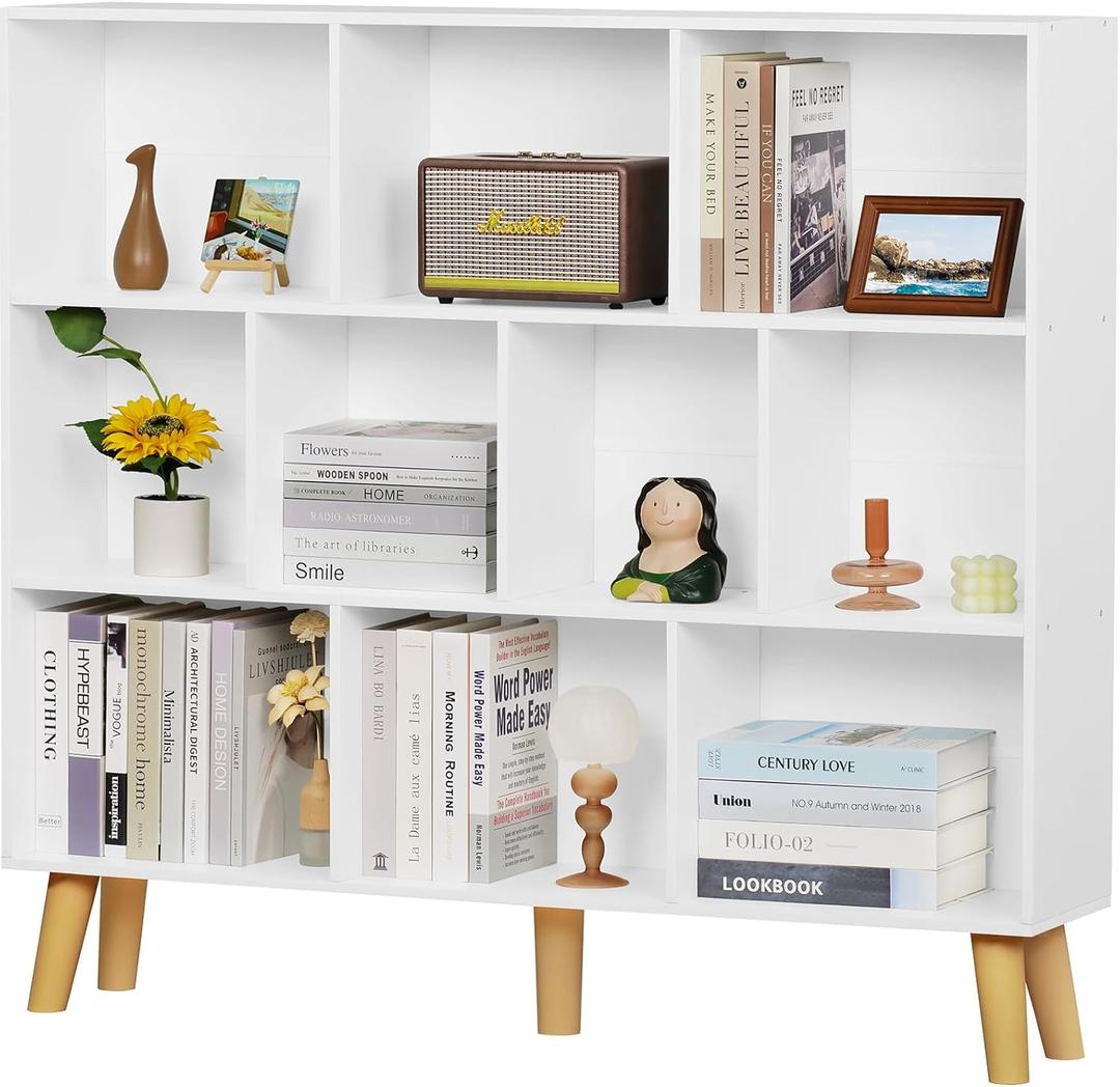 YAHARBO 10 Cube White Bookshelf,3 Tier Book Shelf with Legs,Modern Minimalist Bookcase,Open Book Shelves Storage Organizer,Frees Standing Wooden Display Bookcases for Small Space,Bedroom,Living Room (120CM)