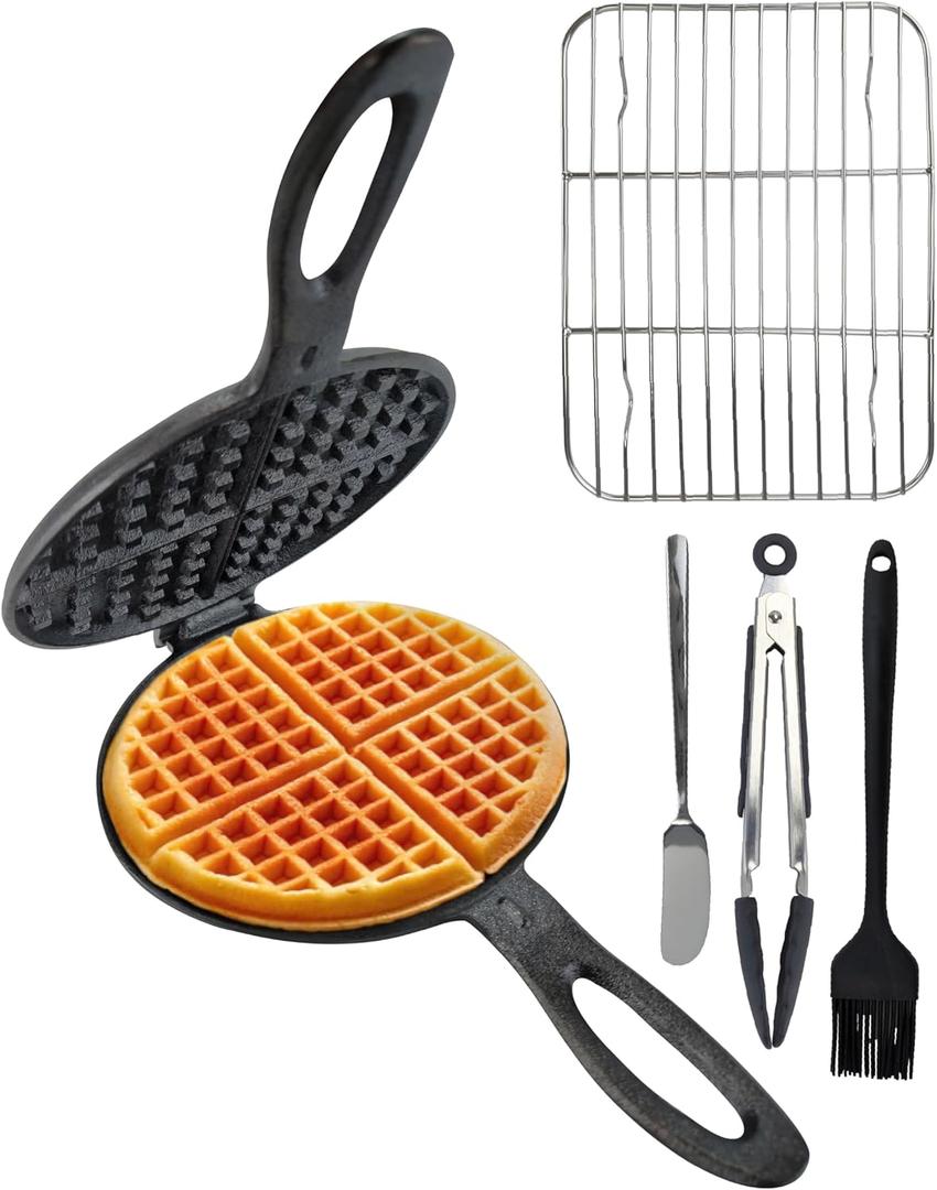 Cast Iron Waffle Maker Stove Top Bundle (5-Pieces) for Camping Grill or Stove Top