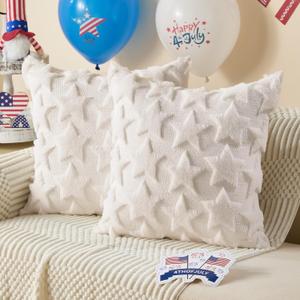 DFXSZ 4th of July Pillow Covers 18x18 inch Set of 2 4th of July Decor White Stars Decoration Soft Plush Faux Fur Jacquard Throw Pillows Independence Day Decorations for Bedroom Sofa Holiday PTK025C18