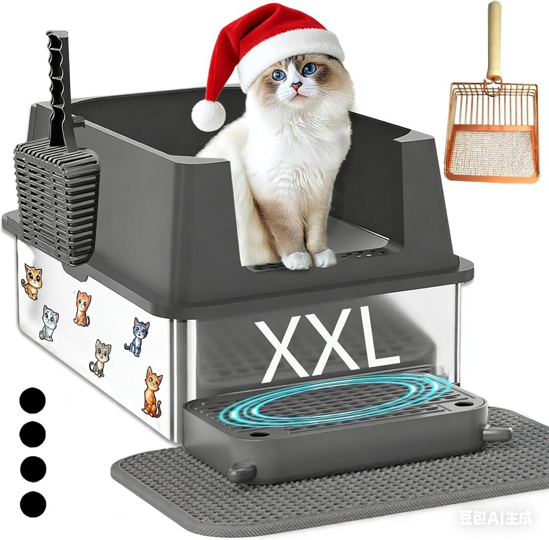Extra Large Stainless Steel Cat Litter Box with High Sided Walls for Big Cats, Anti Urine Leakage, Odorless and Easy Cleaning, for Healthy Cats, Includes Foot Pad & Scoop - XXL Litter Box