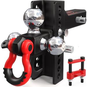 TYT Adjustable Tri-Ball Trailer Hitch for 2 inch Receiver, 4.5" Drop/Rise, Triple Balls (1-7/8", 2", 2-5/16") with Tow Hook & Shackle, 10,000 lbs GTW, 1,000 lbs TW, Pin Lock & Hitch Tightener