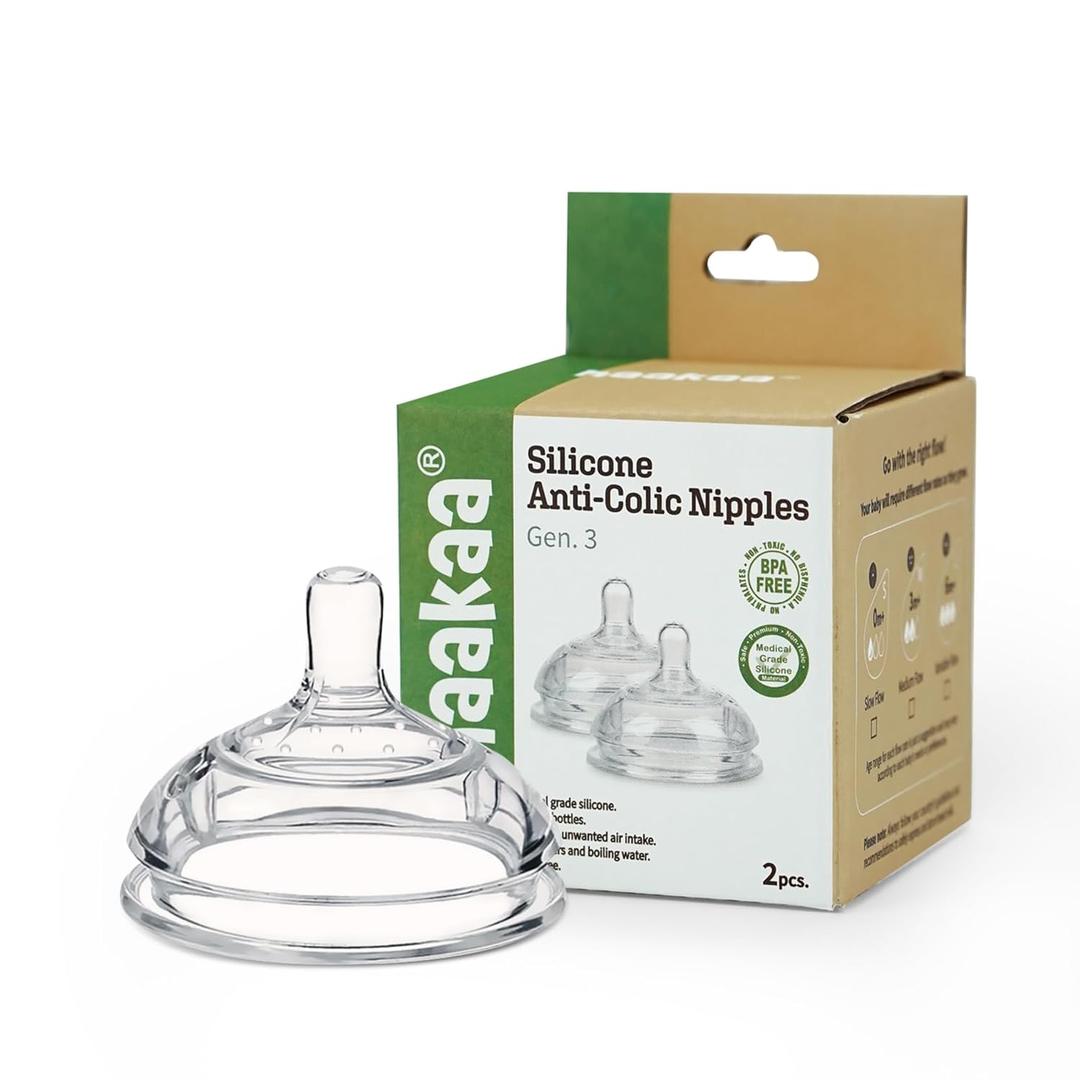 Haakaa Gen.3 Silicone Anti-Colic Baby Bottle Nipples - 100% Silicone Teat for Baby Bottles, Slow Flow, 0m+, 2pcs (Small)