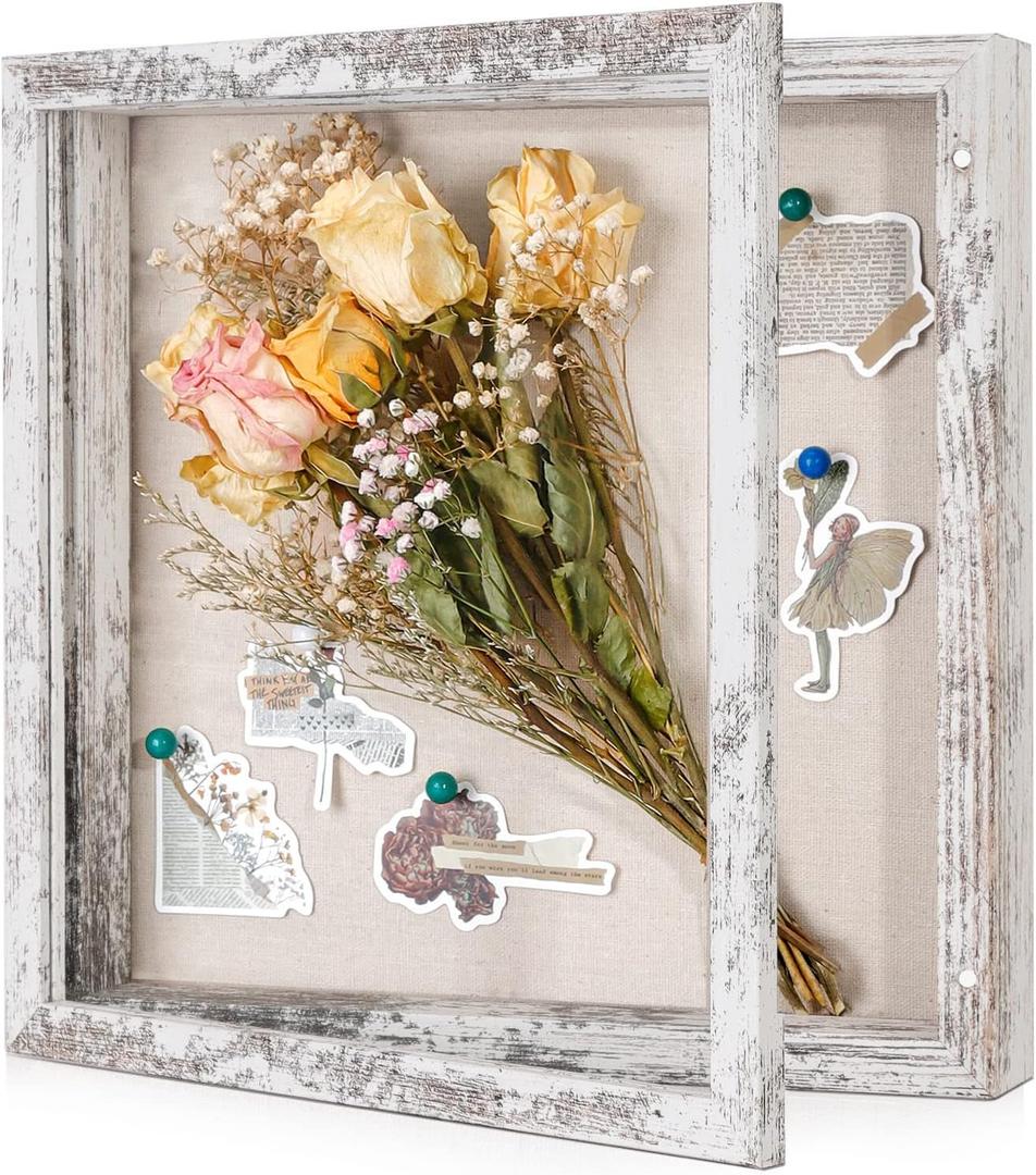 Califortree 11x11 Shadow Box Frame with Linen Back - Sturdy Rustic Memory Display Case of Flower, Pictures, Medals and More, Distressed White