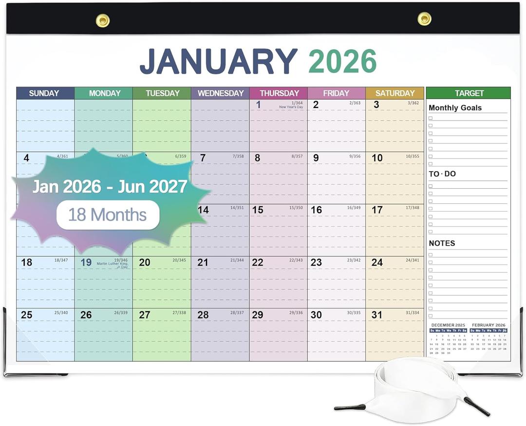 Desk Calendar 2026-2027, 18 Months Calendar from Jan. 2026 to Jun. 2027, 17" x 12" Large Desktop/Wall Monthly Calendar with Corner Protectors, Ample Space  Target for Home, School, Office (Colorful)