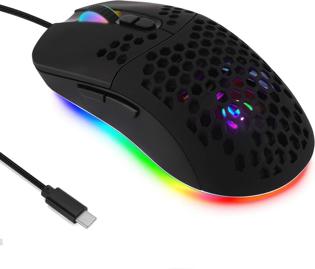 HXMJ Wired USB C Gaming Mice,Lightweight Honeycomb,7200DPI,Corded Mouse with RGB Backlit for Apple MacBook,Tablets,Computer or Laptops with Type C Port