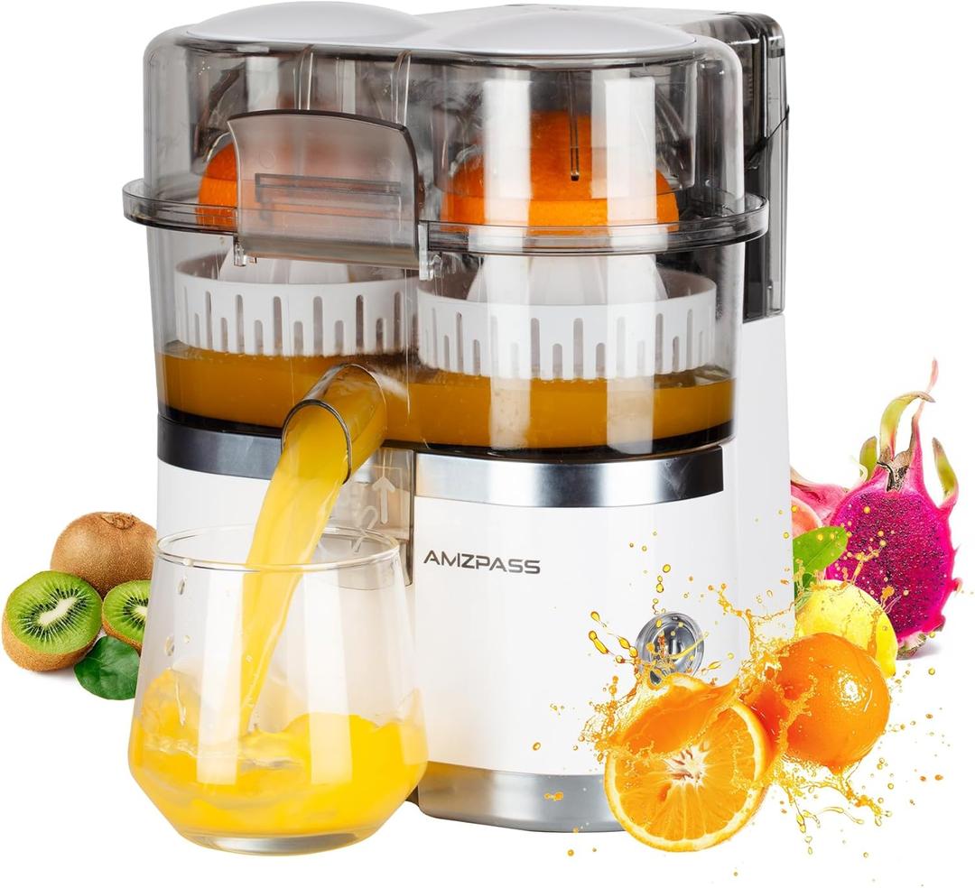 Dual-Head Electric Orange Juicer Squeezer, Citrus Juicer Machines with Power Cord & Cleaning Brush, 1-Touch Automatic Juicer Machine for Orange, Lemon, Lime, High Juice Yield, Built-in Cutter (White)