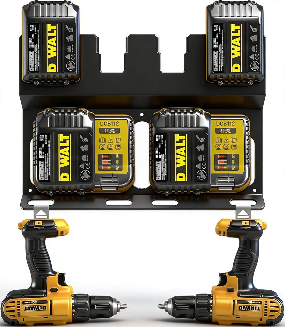 3-in-1 Battery Charger Wall Mount Holder for Dewalt 4 x 20V or 18V Battery and 2 x DCB112 or DCB115 Charger, Battery Charger Hanger/Storage/Rack/Organizer for Garage/Utility Cart/Van