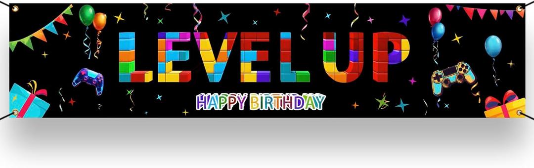 Video Game Happy Birthday Banner - Level Up Gaming Yard Sign Backdrop for Birthday Party Supplies - Photo Props Background