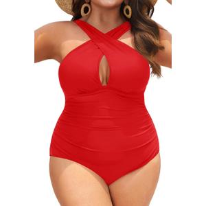 Daci Womens Front Cross Plus Size One Piece Swimsuits Tummy Control Keyhole Bathing Suits Swimwear (X-Large, Red)