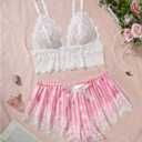 WDIRARA Women's 2 Piece Lingerie Pajama Sets Lace Bralette Striped Satin Shorts Pjs Nightwear L