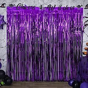 LYUBASA 4 Pack Halloween Party Decorations, Black and Purple Tinsel Foil Fringe Curtains, Halloween Theme Photo Booth Prop Streamer Backdrop Decor Indoor Outdoor Party Supplies for Birthday Anniversary
