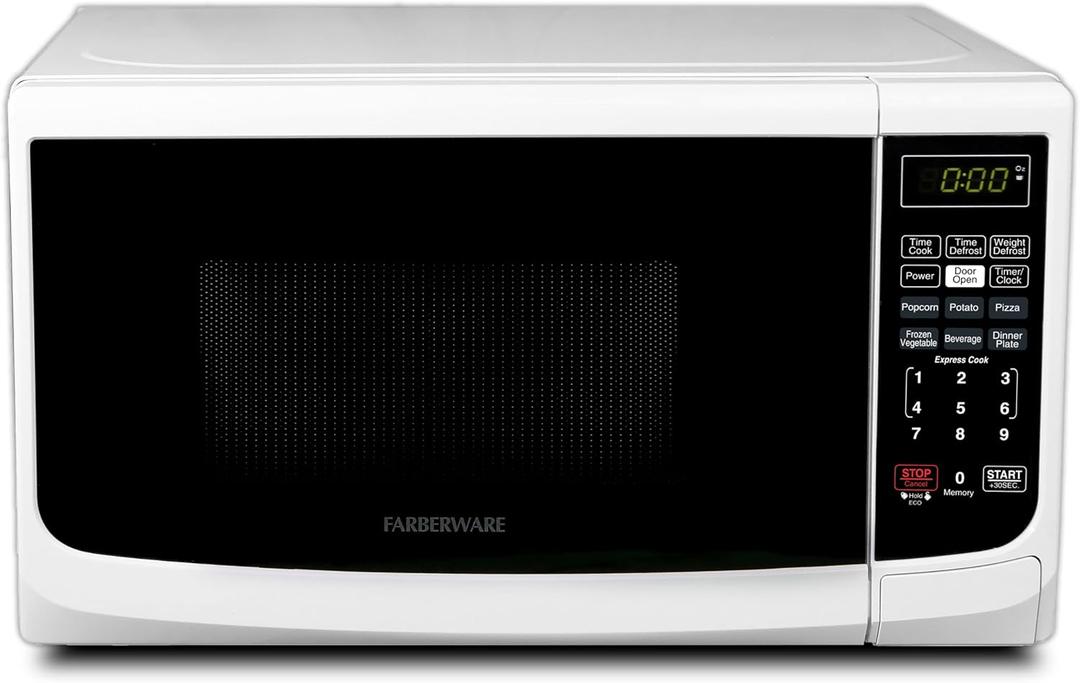 Farberware 0.7 Cu. Ft. Countertop Microwave Oven 700 Watts Power, Auto Cook Settings, Defrost, Easy Clean and Child Safety Lock-White