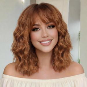 XIXIBI Auburn Wigs for Women Bob Wig with Bangs Short Curly Synthetic Shoulder Length Hair Wavy Natural Looking for Party Daily Use
