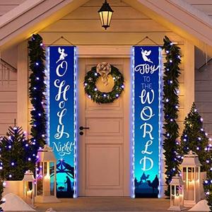 2 Pcs Holy Night Christmas Nativity Porch Sign Religious Blue Jesus Nativity Banner with LED String Lights for Winter Christmas Front Door Porch Yard Decorations 12 x 71 Inch