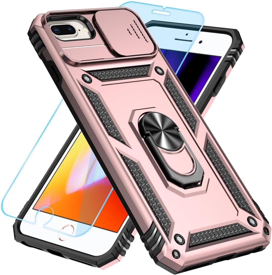 SunStory Compatible with iPhone 8/7/6 Plus Case with HD Screen Protector & Slide Camera Cover & Rotated Ring Kickstand, [Military-Grade] Phone Case for iPhone 6/7/8 Plus (Rosegold)