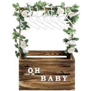 Barydat Wooden Baby Crate Closet, Baby Basket with Handle and Garland Storage Hamper Shower Wooden Gift Crate Letters Self Adhesive for Pregnancy New Parent(Dark Walnut)