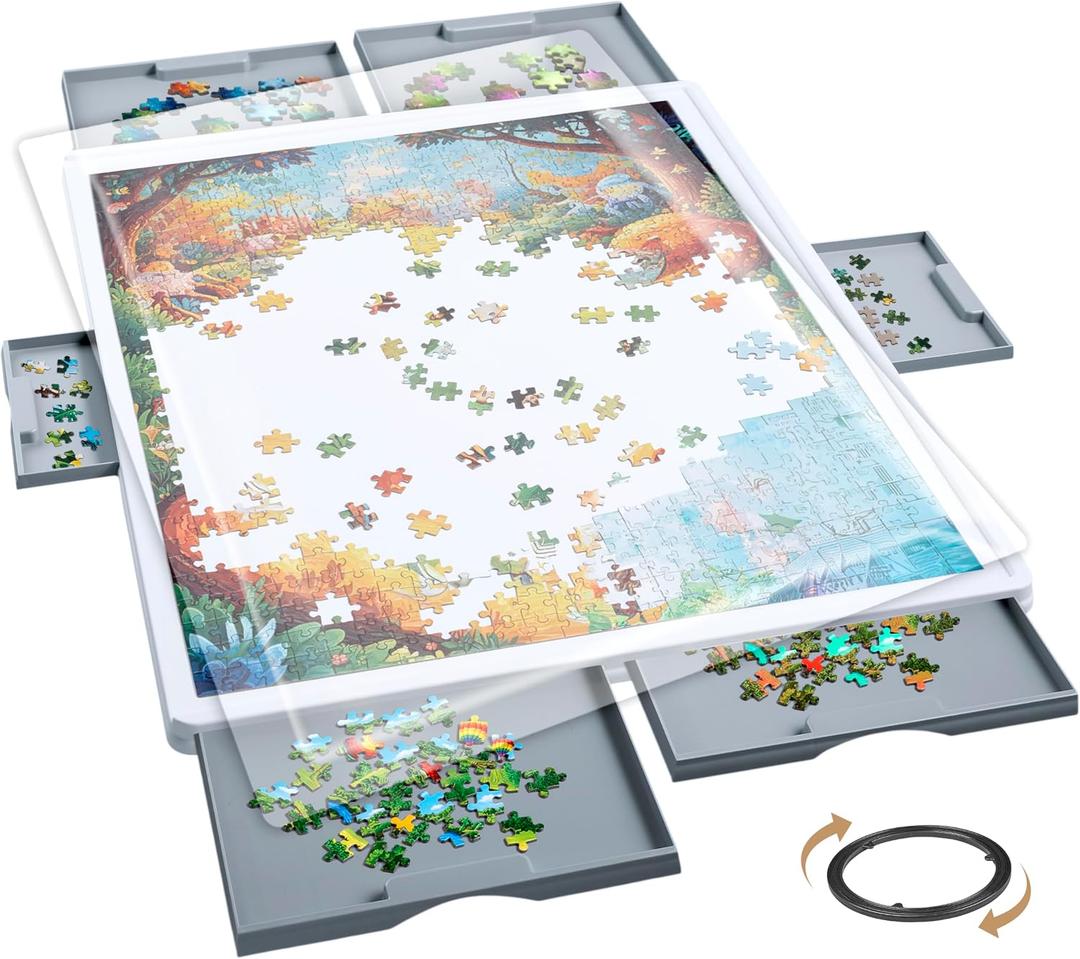 1500 Pieces Rotating Plastic Puzzle Board with 6 Storage Drawers & Protective Cover Jigsaw Puzzle Table for 1500 Pieces - for Adults & Families Home Entertainment & Puzzle Building