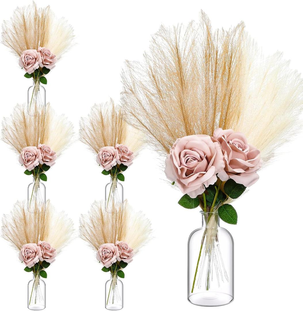 Pickmesh 78 Pcs Dried Flowers Bouquet with Vase, 16.5'' Tall Natural Dried Pampas Grass Bulk Boho Bridal Bouquet Bridesmaid Table Centerpieces for Boho Farmhouse Wedding Home Decor (Artificial Rose)