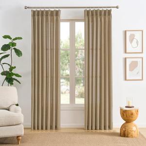Dark Flax Pinch Pleated Linen Curtains 90 Inches Long Semi Sheer Memory Trained Ripple Fold Curtain with Hooks Back Tab Textured Light Filtering Drapes for Bedroom Living Room 42x90 Set of 2 